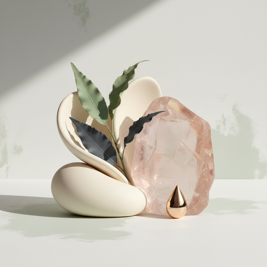 Abstract premium skincare ritual artwork with ivory sculptural forms, a rose-toned stone, unfurling botanical leaves, and champagne-gold light
