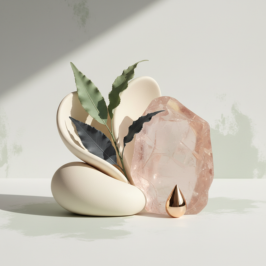 Abstract premium skincare ritual artwork with ivory sculptural forms, a rose-toned stone, unfurling botanical leaves, and champagne-gold light